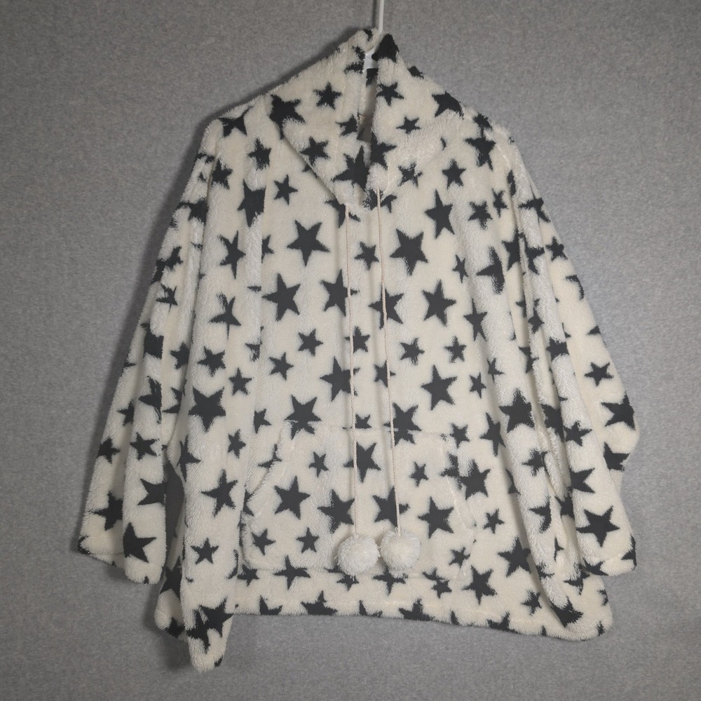 Easel Star Print Sweater Womens Medium Cream Black Pom Pom Oversized Comfy